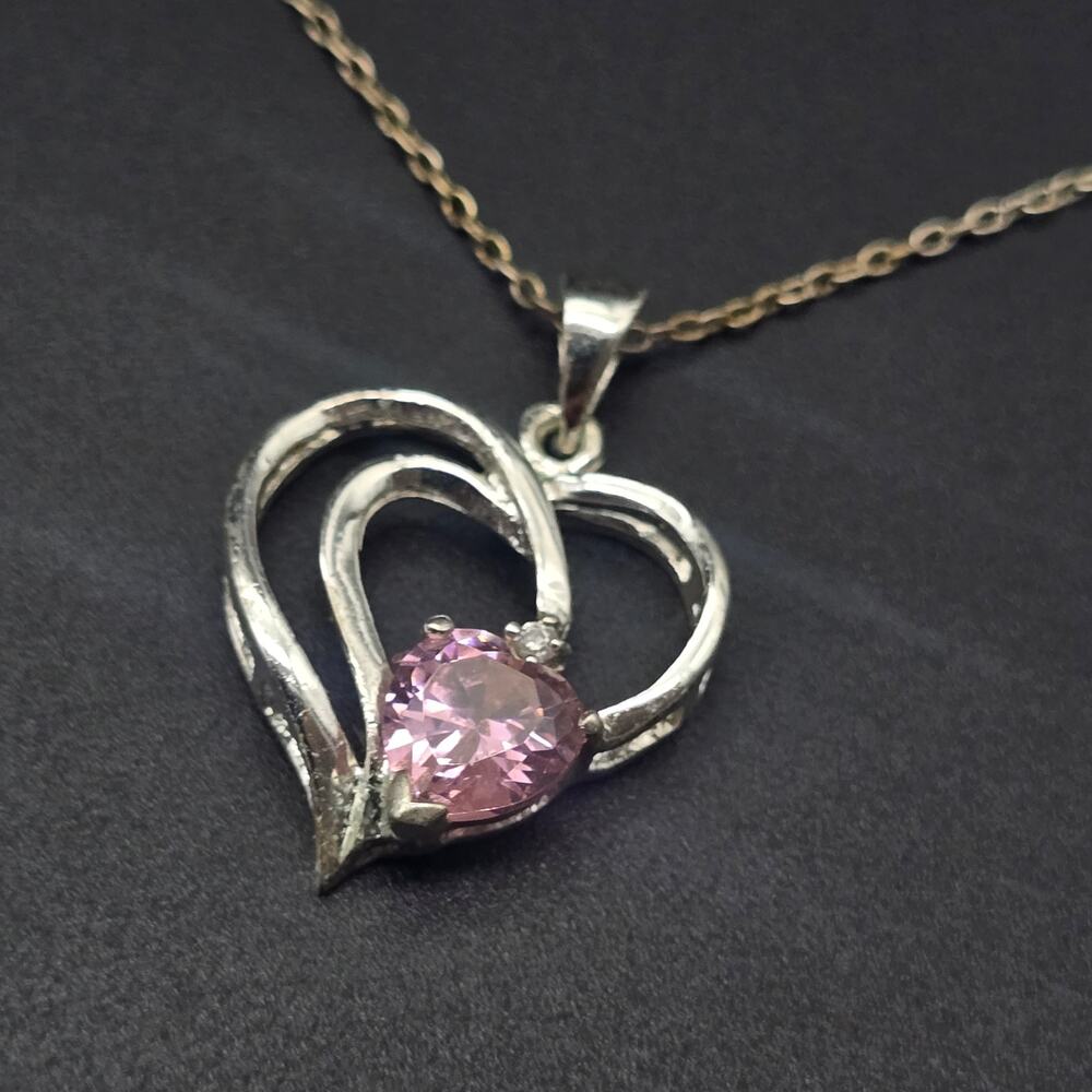 Sterling Silver Pink Rhinestone Heart Necklace Pendant 925